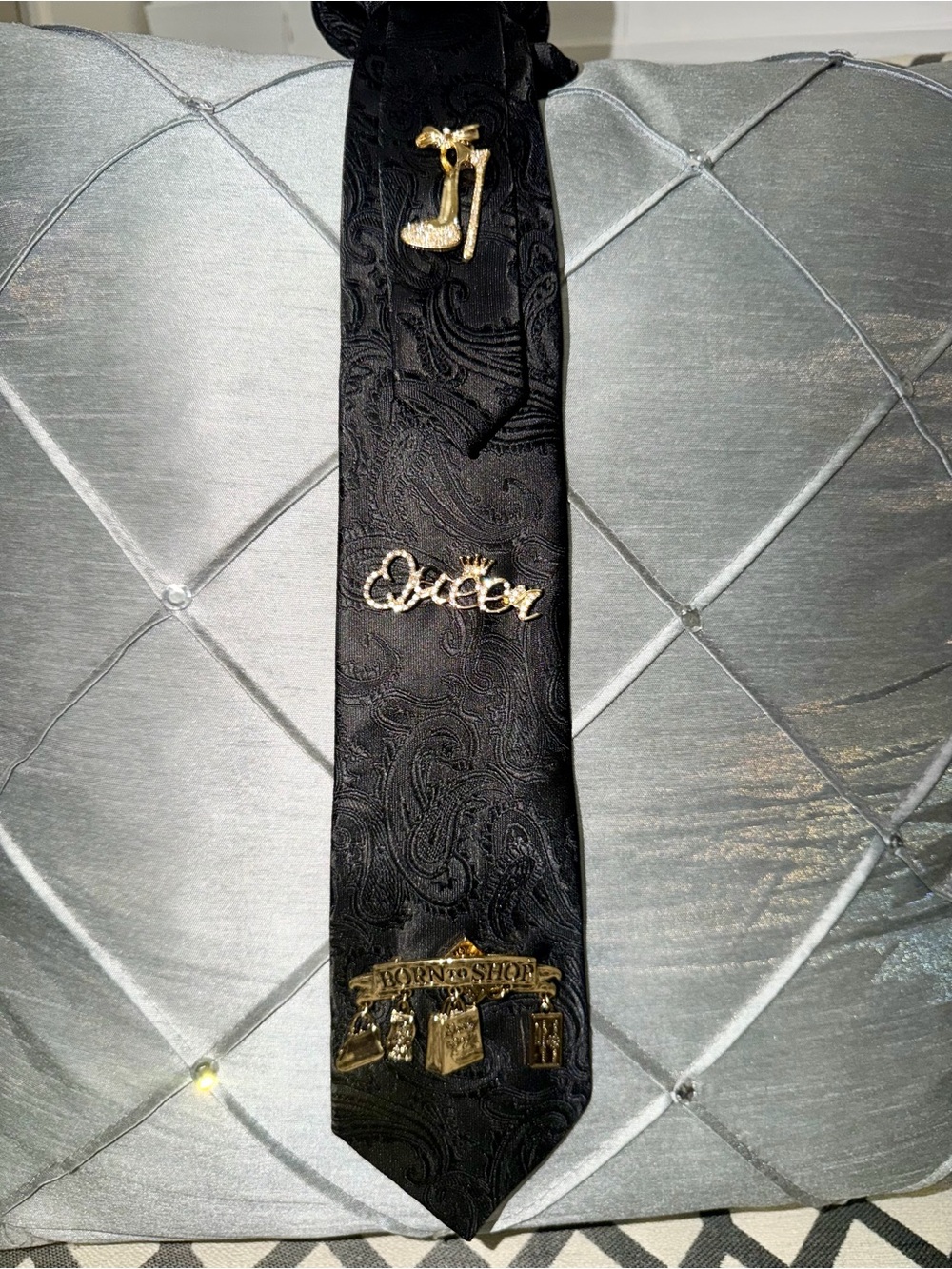 Black Paisley Tie with Gold 'Queen' Accent